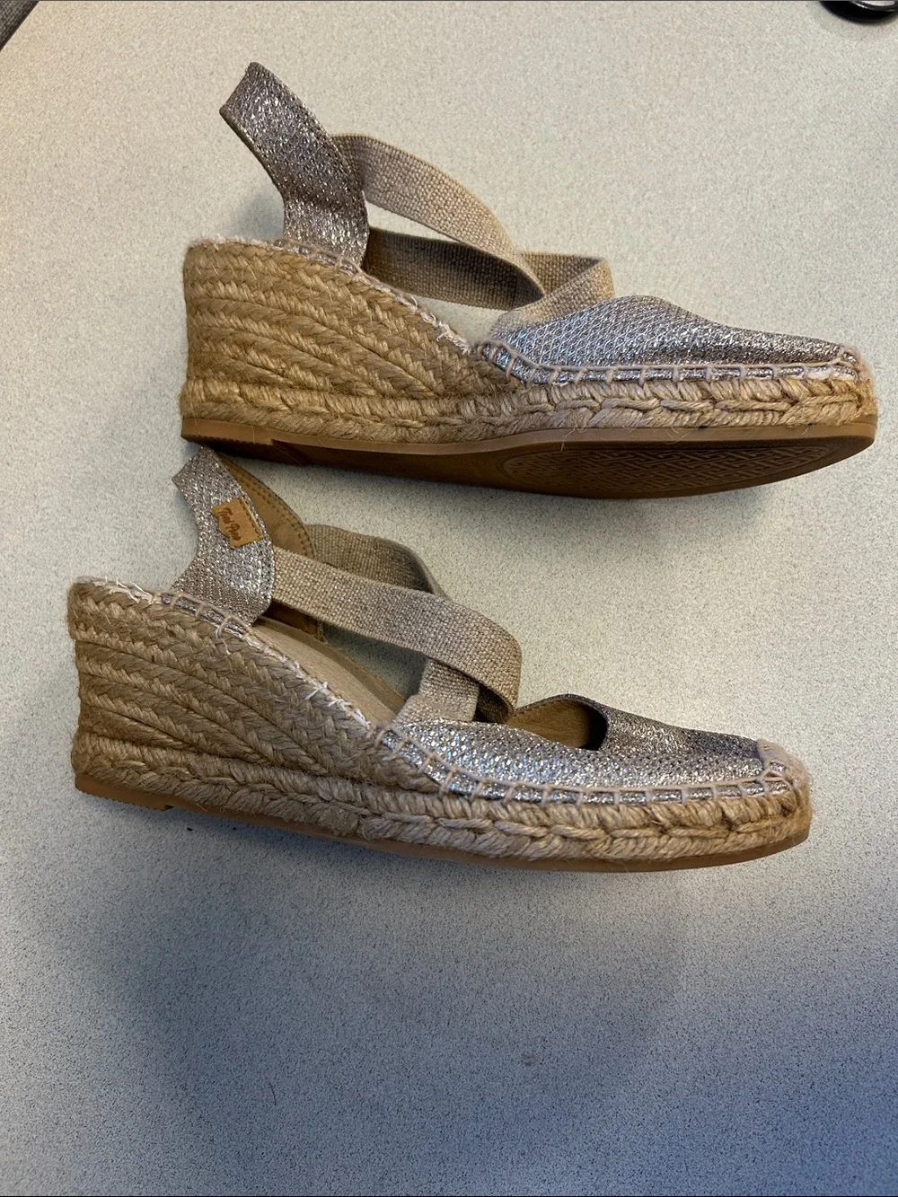 Toni Pons Woven Espadrille Wedge Slingback in Silver and Tan Size 39
